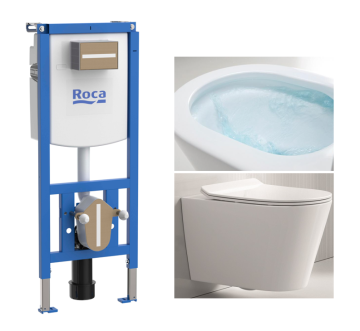 Комплект тоалетна и казанче за вграждане: VORTEX 3 Стенна тоалетна TORNADO с капак забавено падане и вградено казанче и структура ROCA DUPLO S 2025