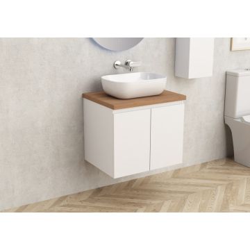 Мебел с плот за баня, цвят бял гланц + дървесен плот, размер 59/45см