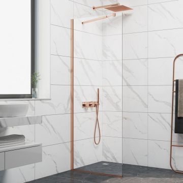 Стационарен душ параван CRISTINA 90×200 см – стъклен walk-in параван за баня с профил розово матирано злато