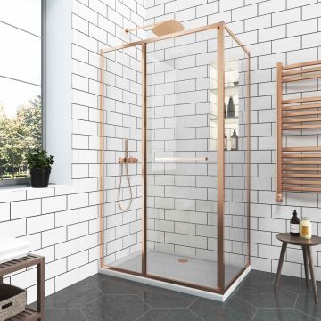 Комбиниран душ параван 90-90x200 см GRAZIANA Brushed Rose Gold – плъзгаща врата и фиксирано закалено стъкло 6 мм