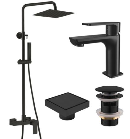 Комплект смесители LOTUS BLACK МАТ с клапан и сифон