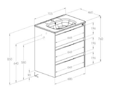 ALPINE 70 Мебел с три чекмеджета и умивалник Light Oak