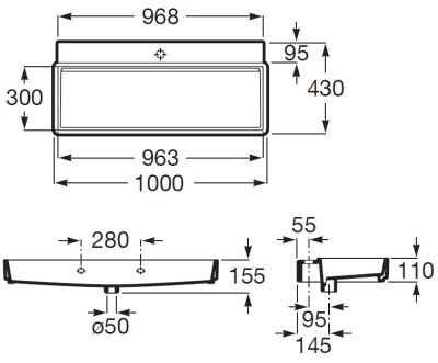 TURA Умивалник с централен отвор 100 cm - Бял Гланц