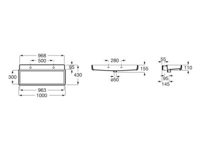 TURA Умивалник с два отвора за смесители 100x43 cm - Бял Гланц