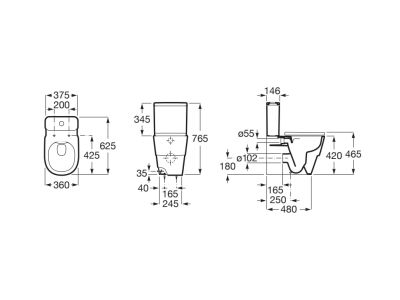 TURA Тоалетна чиния за моноблок с двойно оттичане, долепен до стената, Rimless® - Бял гланц Superglaze®