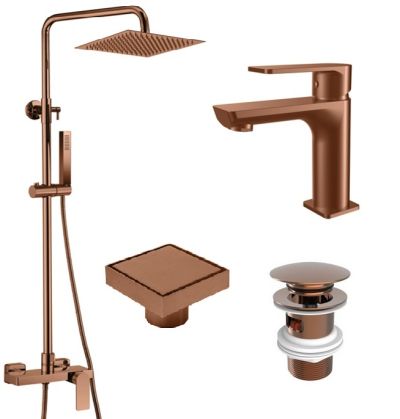 Комплект смесители LOTUS ROSE GOLD с клапан и сифон