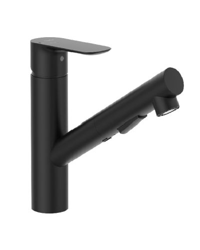 ROCA CALA Cold Start Смесител за кухненска мивка с въртящ и изваждащ се чучур с 2 функции черен мат 