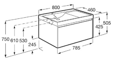 ROCA ONA 80 Мебел Unik с едно чекмеджета и асиметричен умивалник Dark Elm 