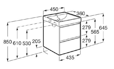 ROCA ONA COMPACT 45 Мебел Unik с две чекмеджета и централен умивалник Бял Мат 