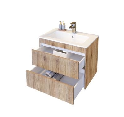 PVC Ема 65см Шкаф за баня с две чекмеджета и умивалник дървен фурнир