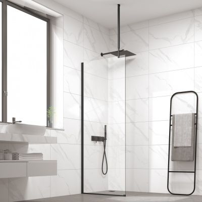 Стационарен душ параван CRISTINA 90×200 см – стъклен walk-in параван за баня с профил черен мат