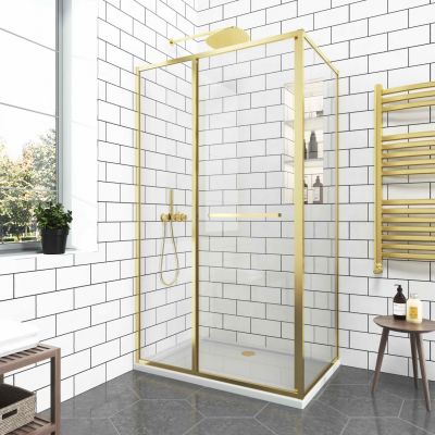 Комбиниран душ параван 90-100x200 см GRAZIANA Brushed Gold – плъзгаща врата и фиксирано закалено стъкло 6 мм