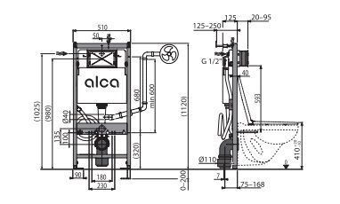 ALCA Структура за вграждане AM120/1120mm с вентилация и функция биде за окачена тоалетна 