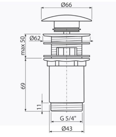 ALCA A392 В Витло за умивалник метално click/clack - 1 1/4"  с преливник голям пуш Бял