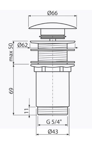 ALCA A395 В Витло за умивалник метално click/clack - 1 1/4" БЕЗ преливник голям пуш Бял