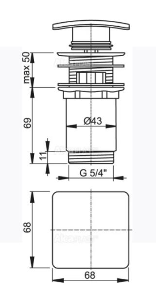 ALCA A393 Витло за умивалник метално click/clack - 1 1/4" с преливник голям пуш квадратна тапа