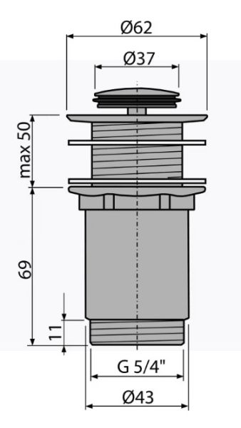 ALCA A394 Витло за умивалник метално click/clack - 1 1/4" малък пуш  за мивки БЕЗ преливник