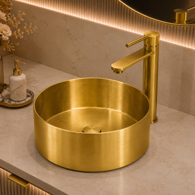 PURE STEEL Умивалник от неръждаема стомана върху плот Ф 36 см, Brushed Luxury Gold, 3611BG