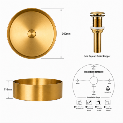 PURE STEEL Умивалник от неръждаема стомана върху плот Ф 36 см, Brushed Luxury Gold, 3611BG