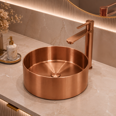 PURE STEEL Умивалник от неръждаема стомана върху плот Ф 36 см, Brushed Rose Gold, 3611BRG