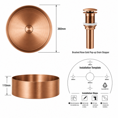 PURE STEEL Умивалник от неръждаема стомана върху плот Ф 36 см, Brushed Rose Gold, 3611BRG