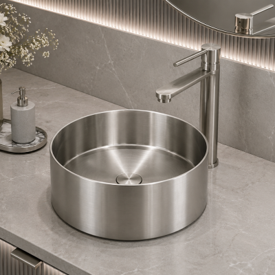 PURE STEEL Умивалник от неръждаема стомана върху плот Ф 36 см, Brushed Nickel, 3611BS