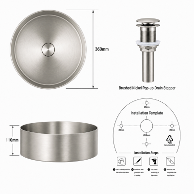 PURE STEEL Умивалник от неръждаема стомана върху плот Ф 36 см, Brushed Nickel, 3611BS