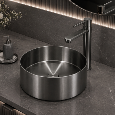 PURE STEEL Умивалник от неръждаема стомана върху плот Ф 36 см, Brushed Gun Metal, 3611GG