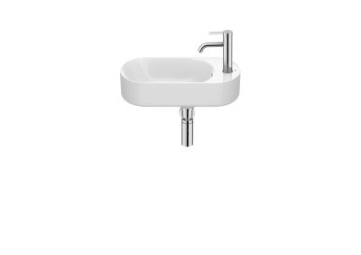 Roca MERIDIAN Компактен асиметричен умивалник Fineceramic® 50 x 27,5 см, бял гланц