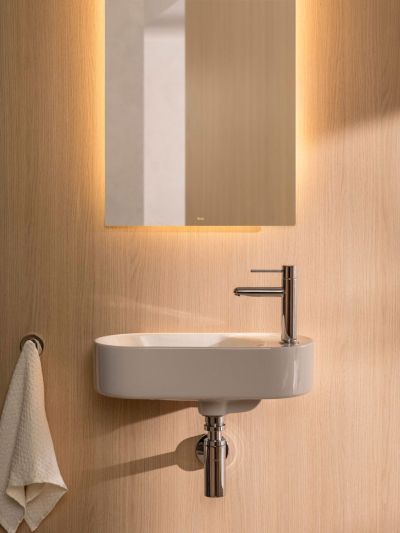 Roca MERIDIAN Компактен асиметричен умивалник Fineceramic® 50 x 27,5 см, бял гланц