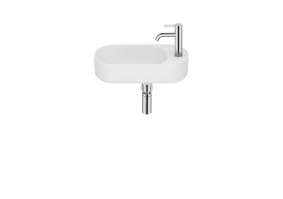 Roca MERIDIAN Компактен асиметричен умивалник Fineceramic® 50 x 27,5 см, бял мат